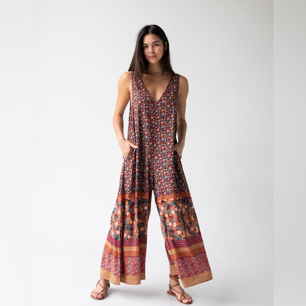 Natural life Let's Just Go Wide-Leg Jumpsuit size L/XL brown & red boho wide leg